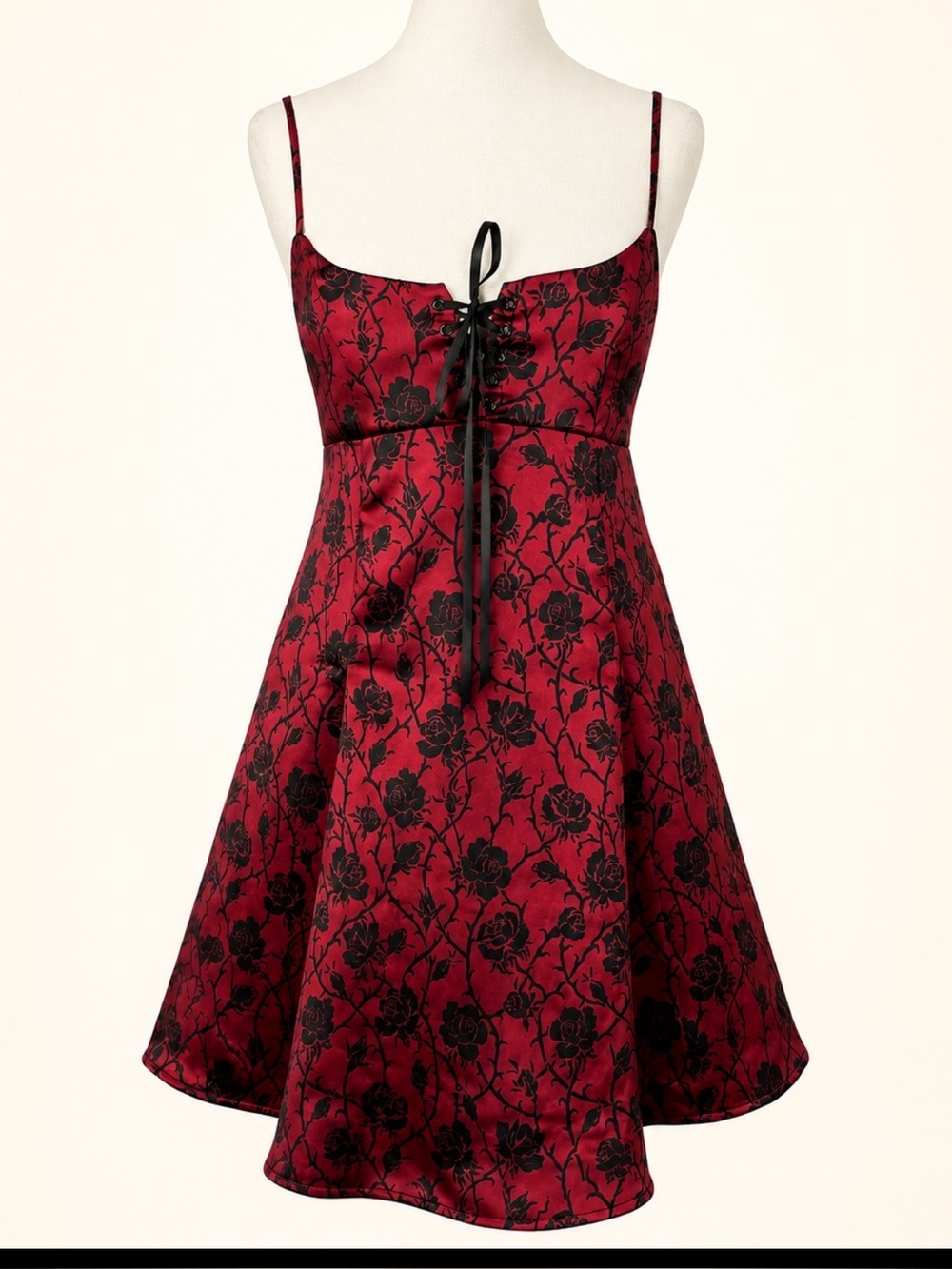 Widow Dolls Kill Red Black Rose Print Satin Mini Dress Goth Whimsigoth S NWOT
